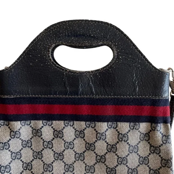 Gucci • RARE Vintage GG Web Monogram Navy PVC Leather Purse Tote Bag Handbag - Picture 4 of 16